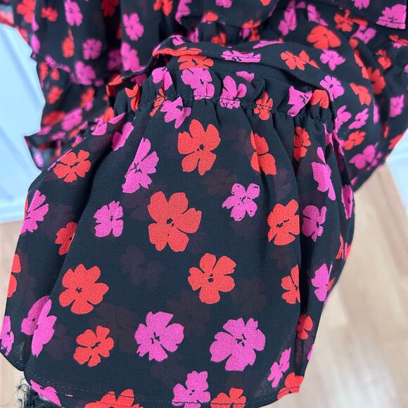 Dee Elly Floral Ruffle Mini Dress XL Long Sleeve V Neck Tiered Black Romantic - Picture 2 of 10